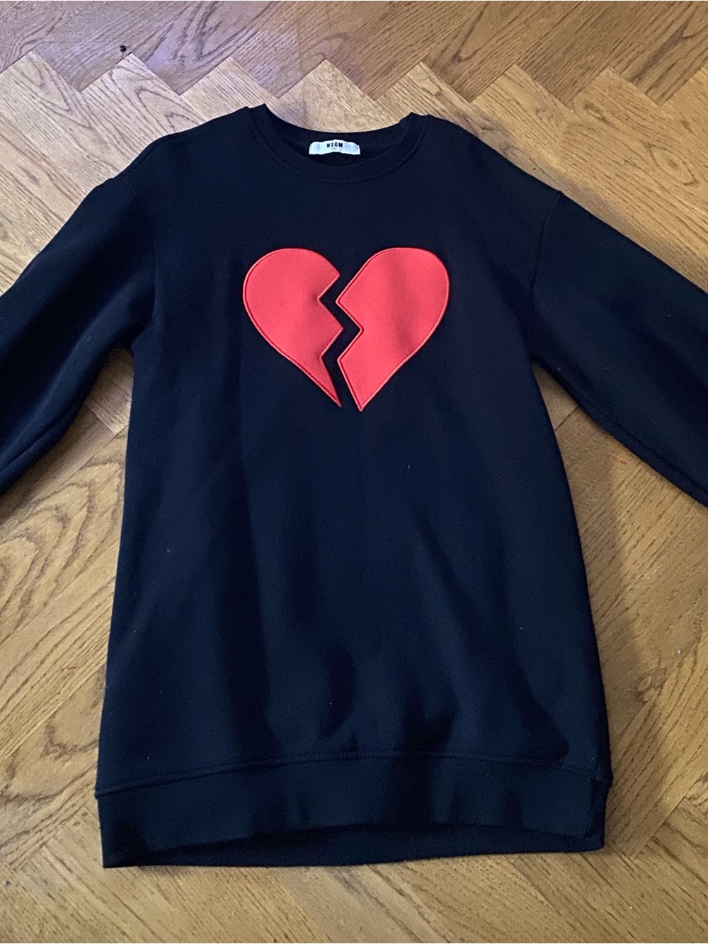 MSGM Black Crewneck Sweater with Red Broken Heart Applique